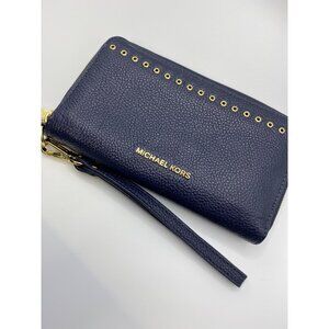 Michael Kors Navy Leather Wristlet Wallet With Gold Stud Detailing & Zipper Clos